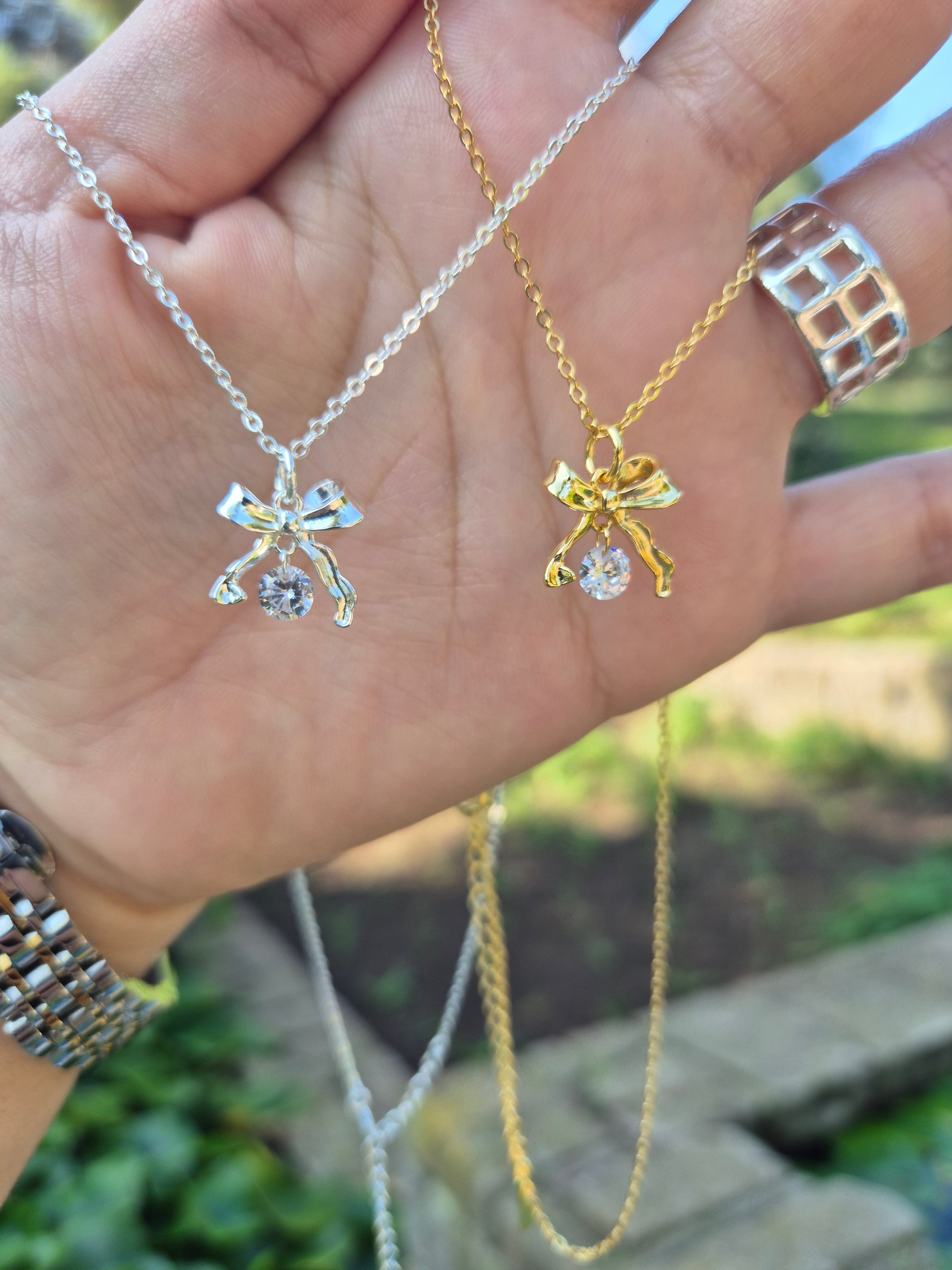 Elegant 925 Sterling Silver Bow Ribbon Necklace - Minimalist Zircon Pendant for Women