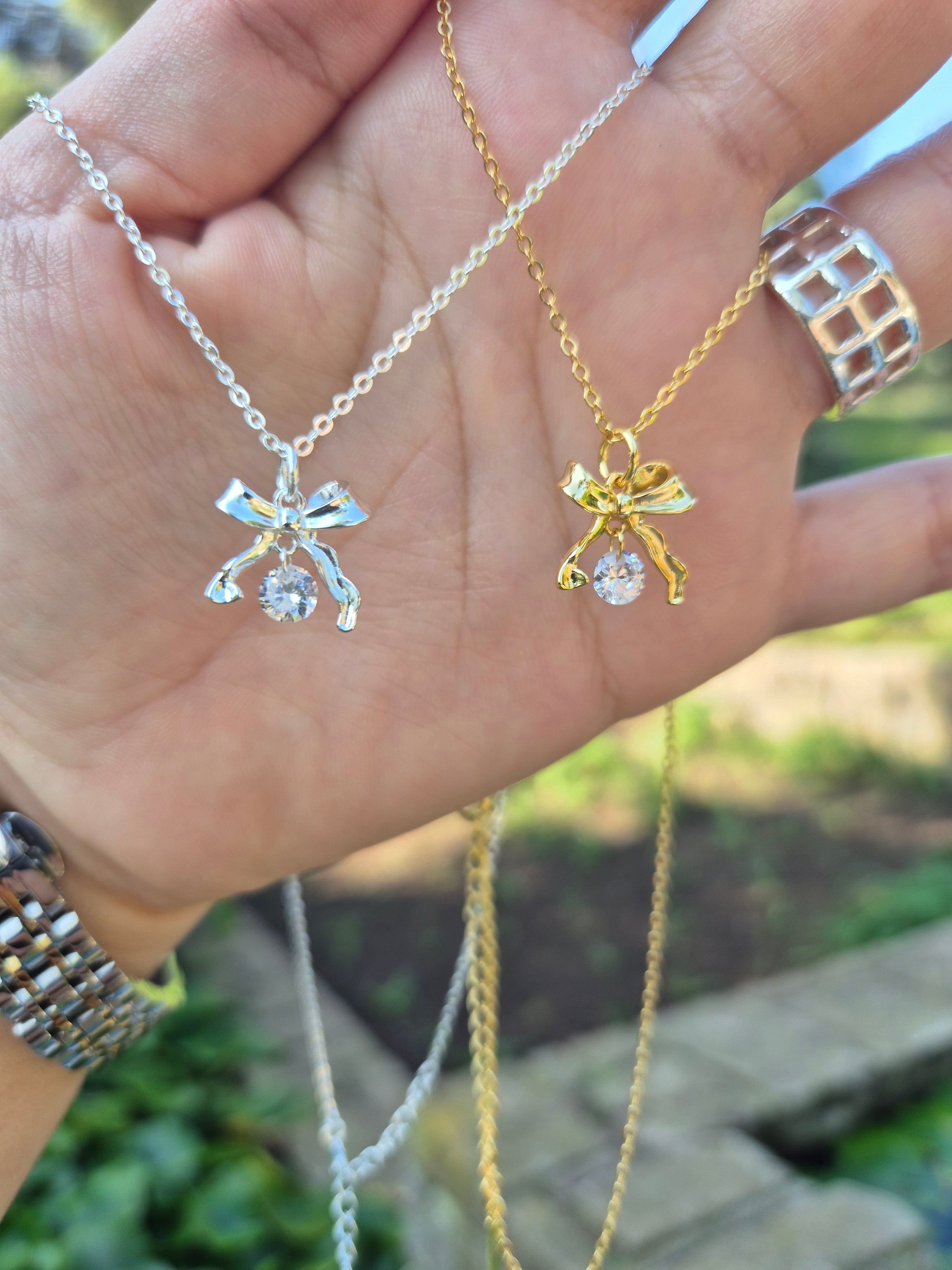 Elegant 925 Sterling Silver Bow Ribbon Necklace - Minimalist Zircon Pendant for Women