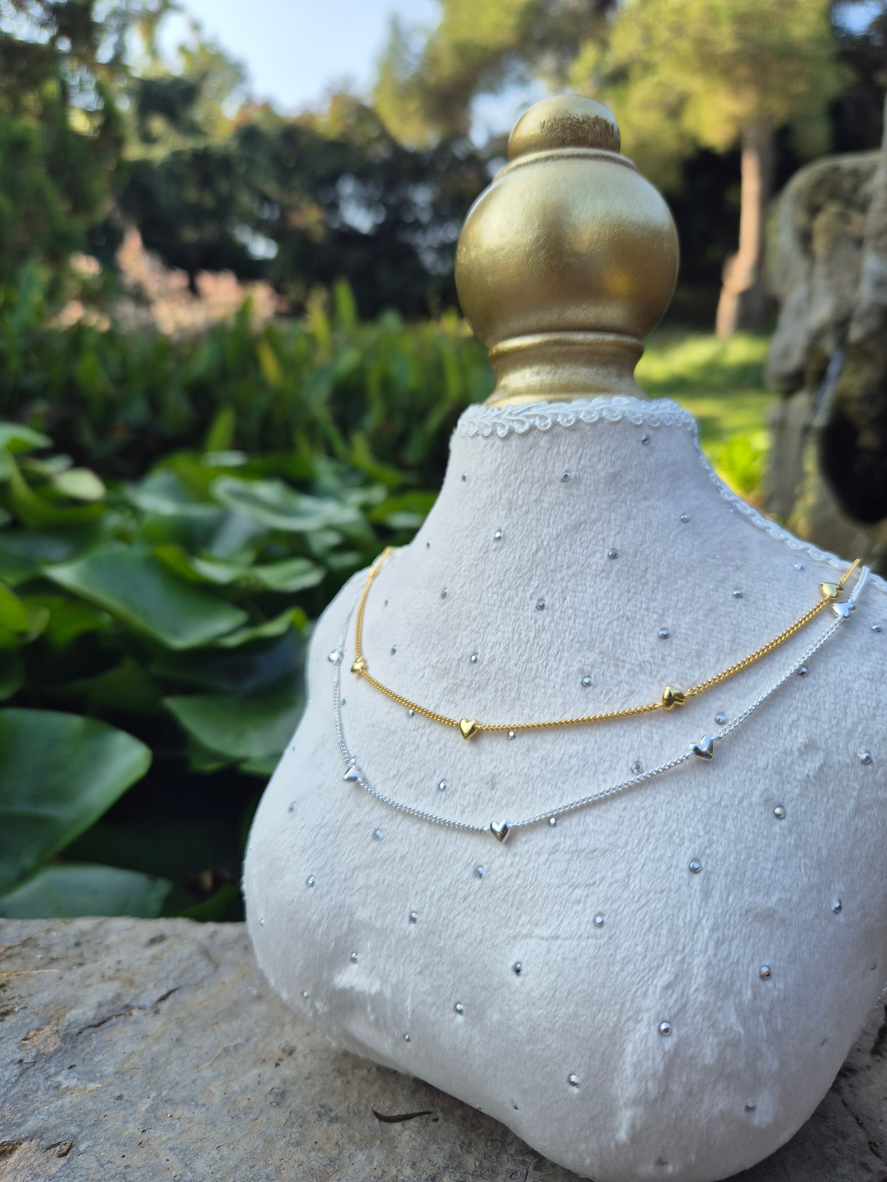 Sterling Silver Heart Pendant Necklace – Elegant Ball Bead Chain (Gold & Silver Finish)